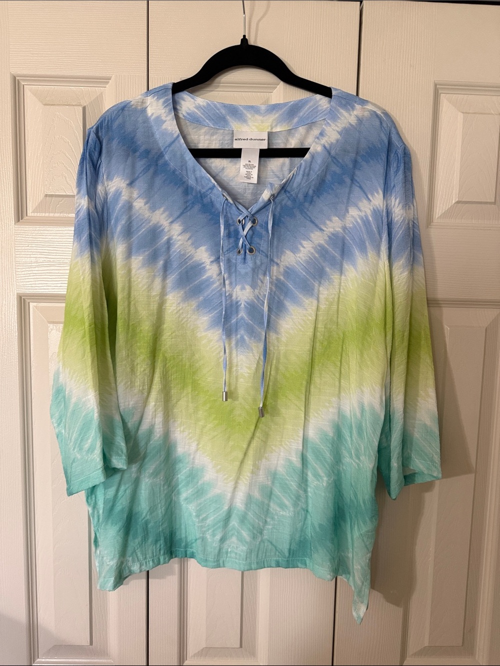 Alfred Dunner Blue, Green & Aqua Tie-Dye Lace-Up V-Neck Tunic